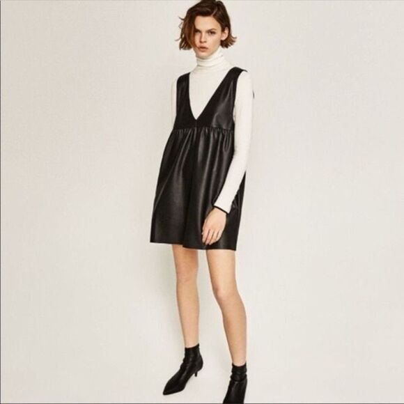 Zara Faux Leather Pinafore Dress Brown size Small Blogger Favorite Bohemian - Picture 1 of 6